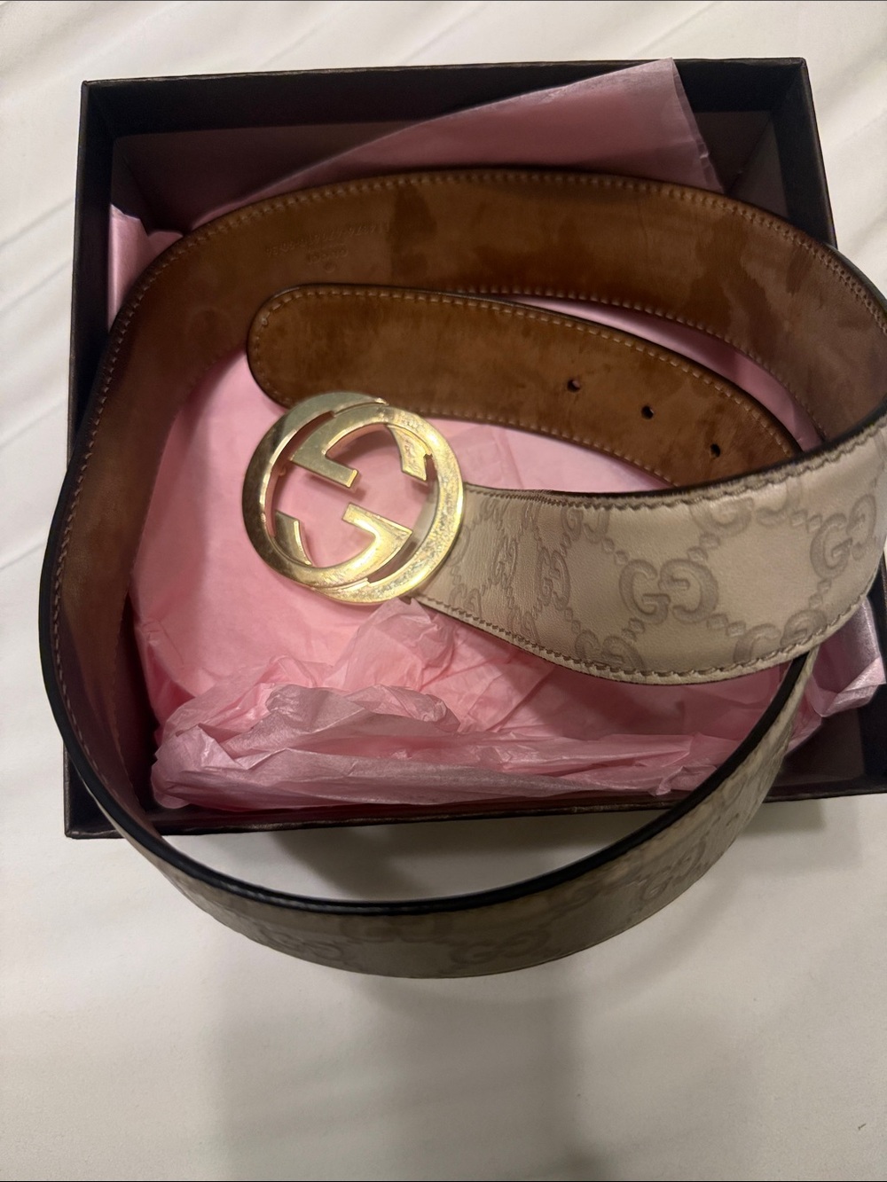 Gucci Beige GG Monogram Belt with Gold Double G Buckle